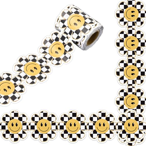 Whaline Pinnwand mit Gänseblümchen-Motiv, 10 m, Weiß / Schwarz, kariert, Smiley-Gesicht, Blume, gestanzt, gerollter Rand mit Goldrand, für Kreidetafel, Wanddekoration Whaline Pinnwand mit Gänseblümchen-Motiv, 10 m, Weiß / Schwarz, kariert, Smiley-Gesicht, Blume, gestanzt, gerollter Rand mit Goldrand, für Kreidetafel, Wanddekoration von Whaline