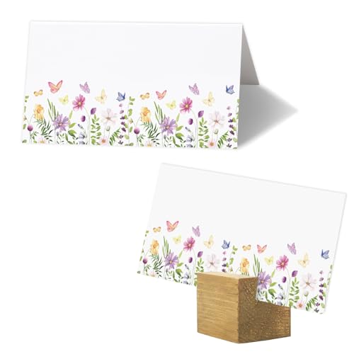 Whaline Platzkarten mit Blumenmuster, 8,9 x 5,1 cm, Wildblumen-Schmetterlings-Zeltkarten, Sitzkarten, blanko, Tischnamensschilder für Frühling, Urlaub, Buffet, Party, Tischdekoration, 100 Stück von Whaline