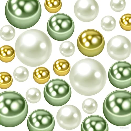 Whaline Schwimmende Perlen, Salbeigrün, Gold, Weiß, Kunstperlen, 4 Größen, ohne Loch, für Hochzeit, Geburtstag, Tischdekoration, 303 Stück von Whaline