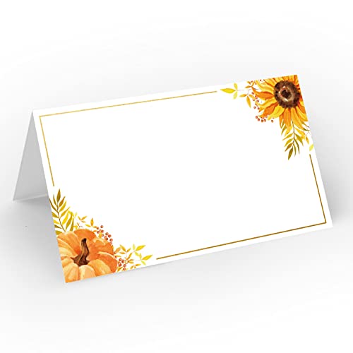 Whaline Thanksgiving Tischkarten 50 Stück Herbst Herbst Tisch Zelt Platzkarten Folie Gold Sonnenblume Kürbis Sitzen Name Escort Karte Klappsitz Zuweisung Etikett für Hochzeit Babyparty Party von Whaline