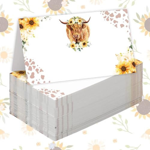 Whaline Tischkarten mit Hochlandkuh, 8,9 x 5,1 cm, Kuhdruck, Sonnenblumen-Zeltkarten, rustikale Kuh-Punkte, Blumen-Sitzkarten für Party-Tischdekoration, 100 Stück Whaline Tischkarten mit Hochlandkuh, 8,9 x 5,1 cm, Kuhdruck, Sonnenblumen-Zeltkarten, rustikale Kuh-Punkte, Blumen-Sitzkarten für Party-Tischdekoration, 100 Stück von Whaline