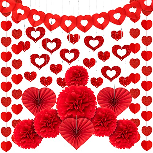 Whaline Valentinstag Party Dekorationsset 1 rotes Herz Hohl Girlande 3 Herz Papierfächer 4 funkelnde Herzen Schnüre Deko 6 rote Papierbommel 12 hängende Herzen Wirbel und 6 rote Wirbel (32 Stück) von Whaline