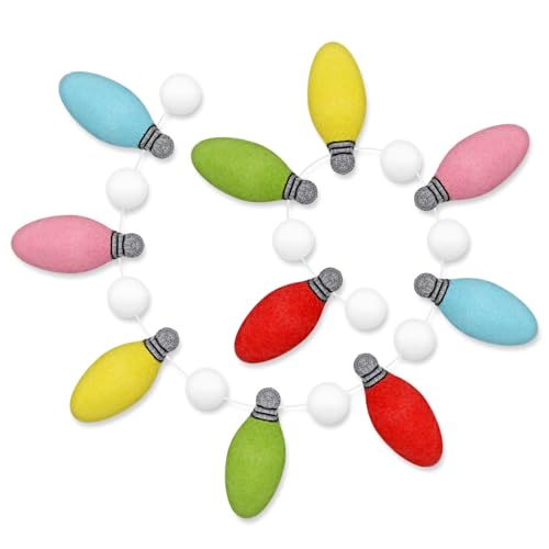 Whaline Weihnachts-Filz-Girlande, bunt, 3D-Glühbirne, Pompon-Banner, Weihnachten, dekorative Regenbogenbirne, hängende Wimpelkette für Weihnachtsbaum, Urlaub, Zuhause, Kamin, Fenster, Wanddekoration von Whaline