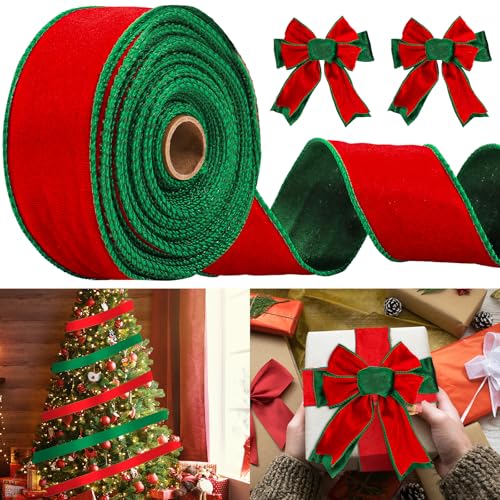 Whaline Weihnachts-Samtband mit Drahtrand, 6,3 cm, 20 m, doppelseitig, rot/grün, Bastelband für Weihnachtsbaum, Schleife, Kranz, Urlaub, Heimdekoration von Whaline
