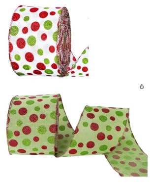 Whaline Weihnachtsbänder mit Drahtrand, 10,2 cm, 22 m, rot und grün, glitzernd, gepunktet, Weihnachtsbaumband für Schleife, Kranz, Handwerk, Geschenkverpackung, Urlaub, Party, Heimdekoration, 2 Rollen von Whaline