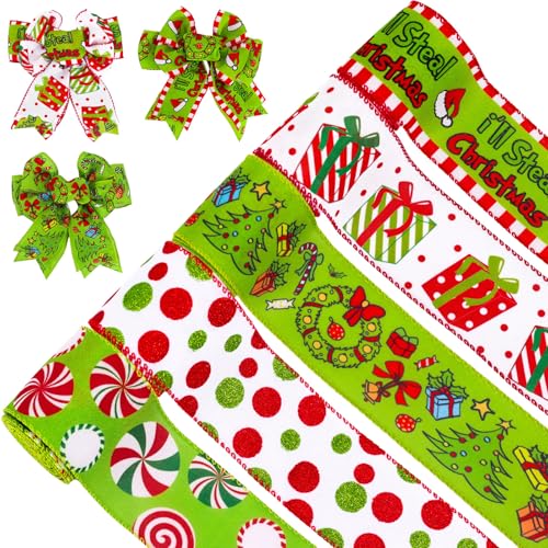 Whaline Weihnachtsbänder mit Drahtrand, 6,3 cm, 27,7 m, Weihnachtsband, lustiges Cartoon-Charakter, Bastelband, rot, grün, glitzernd, gepunktet, Süßigkeitenstoff, Geschenkband für Schleife, Kranz von Whaline