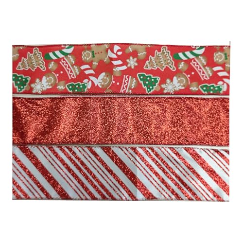 Whaline Weihnachtsband mit Drahtrand, roter Lebkuchenmann, Weihnachtsbaum, Streifen, Stoffband für Winterkranz, Schleife, DIY, Verpackung, Party-Dekoration, 3 Rollen, 18 Meter Whaline Weihnachtsband mit Drahtrand, roter Lebkuchenmann, Weihnachtsbaum, Streifen, Stoffband für Winterkranz, Schleife, DIY, Verpackung, Party-Dekoration, 3 Rollen, 18 Meter von Whaline