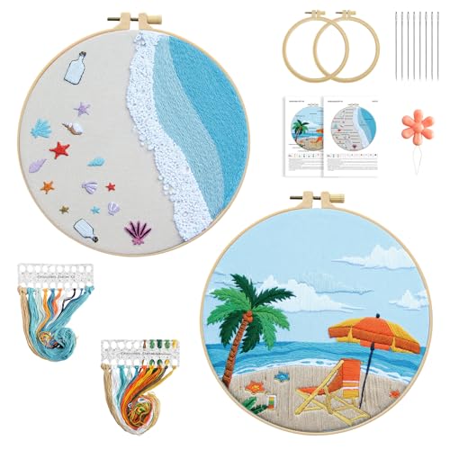 Whemyreat 2 Sets Stickset für anfänger Ozean,sticken set erwachsene,DIY-Nadelspitzenset für Anfänger mit Muster und Anleitung, Kreuzstichset für Erwachsene,inklusive Stoff,cross stitch kit von Whemyreat