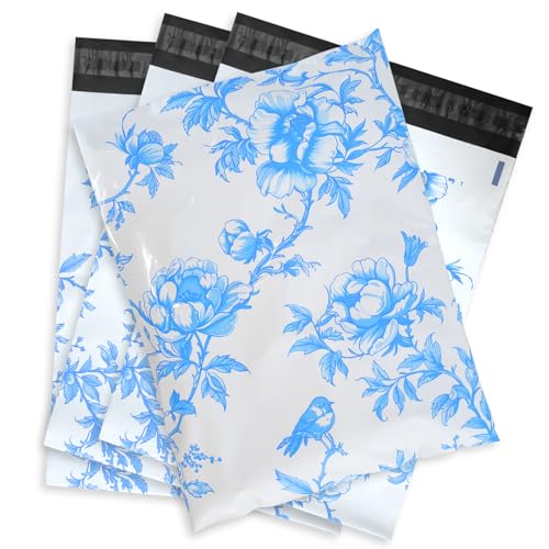 Whemyreat 25 Stück Abbaubare Versandbeutel Plastik mit Selbstklebeverschluss,Blau-weißes Chinoiserie-Retro-Blumenmuster,Dicker Wasserdichte Versandtaschen,poly versandtaschen,25.4x33cm von Whemyreat