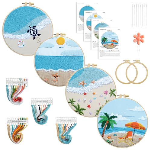 Whemyreat 4 Sets Stickset für anfänger Ozean,sticken set erwachsene,DIY-Nadelspitzenset für Anfänger mit Muster und Anleitung, Kreuzstichset für Erwachsene,inklusive Stoff,cross stitch kit von Whemyreat