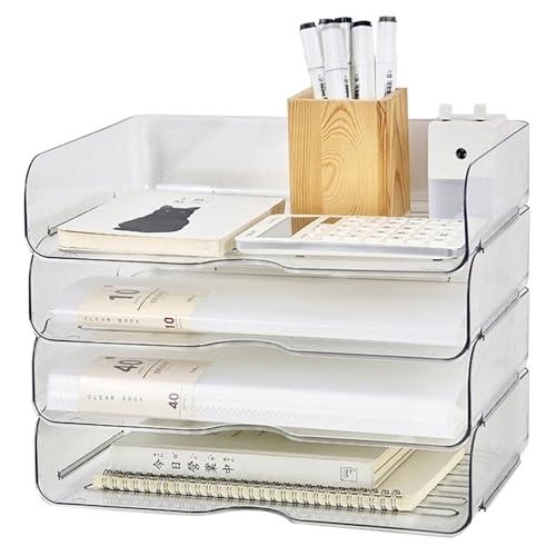 Whemyreat 4-stöckige briefablage transparent,Acryl Stapelbarer Ablagekorb für A4,Robuste und stapelbare,Dokumentenablage aus PET Kunststoff,briefablage für Zuhause,Büro,Schule,papier ablage,33x25x7CM von Whemyreat
