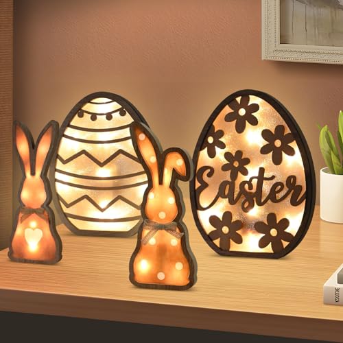 Whemyreat 4er-Pack Ostereier und Osterhase mit Lichtern aus Acryl,Osterhase Holz 25cm & 20cm,Osterdeko,euchtende Dekoration,Deko Aufsteller Hase Holz,Geschenk Ostern(Ohne Batterie) von Whemyreat