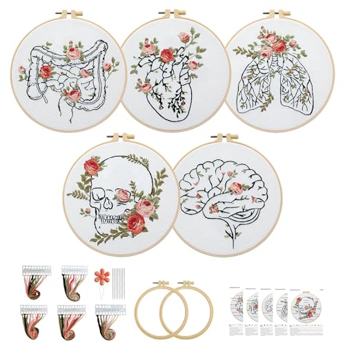 Whemyreat 5 sticken set erwachsene,Anfänger Stickerei Set,Stickerei Set Muster mit Muster Herz-Viszeral-Gehirn-Skelett,Kreuzstichset für Erwachsene mit 2 Stickrahmen,Ärzte Krankenschwestern Geschenke von Whemyreat