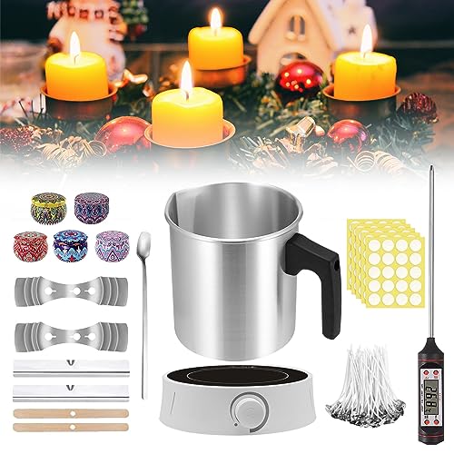 Whemyreat Kerzenherstellungssets,Kerzenherstellungsset,komplettes Set mit Kerzenherstellungszubehör,Einschließlich Gießtopf,Wachsschmelzer Heizplatte,Thermometer,Baumwolldochten und Edelstahllöffel von Whemyreat
