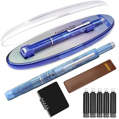 Protective Method Füllfederhalter, Druckfeder: 0,38 Mm, Blau-schwarze Tinte, Transparenter Schaft, Inklusive 5 Nachfüllbaren Tintenpatronen, Mittlere Feder, Glatt, Auslaufsicher (Hellblau,Blau) von Whimsyard