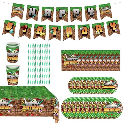 62 Pcs Mi-ner Geburtstagsdeko, Videospiele Partygeschirr Geburtstag, Pappteller Serviette Becher Tischdecke Banner Geburtstag, Spiel Party Supplies für ungen Kindergeburtstag 62 Pcs Mi-ner Geburtstagsdeko, Videospiele Partygeschirr Geburtstag, Pappteller Serviette Becher Tischdecke Banner Geburtstag, Spiel Party Supplies für ungen Kindergeburtstag von Whizmara