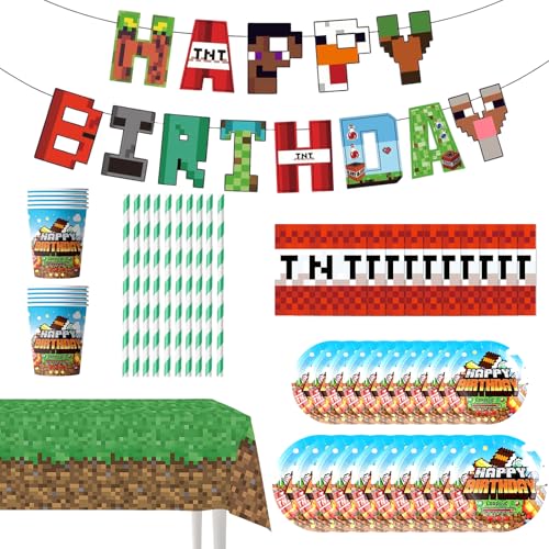 62 Pcs Videospiele Geburtstagsdeko Partygeschirr, Mi-ner Spiel Partygeschirr Set, Pappteller Serviette Becher Tischdecke Banner Geburtstag, Spiel Geschirr Geburtstagsdeko für Kindergeburtstag 62 Pcs Videospiele Geburtstagsdeko Partygeschirr, Mi-ner Spiel Partygeschirr Set, Pappteller Serviette Becher Tischdecke Banner Geburtstag, Spiel Geschirr Geburtstagsdeko für Kindergeburtstag von Whizmara