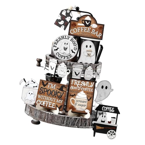 Halloween-Kaffeespeziere, Holzdekorationen, 19 Stück, abgestuftes Tablett, Akzentperlen, Stränge, Bauernhäuser, Partys, Tischdekorationen, Halloween, Heimtischdekorationen von Whltzf