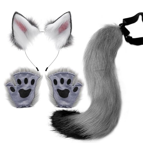 【Wolfskostüm-Set – Kunstpelzschwanz, Ohren- und Clip-Handschuhe, Cosplay-Zubehör für Halloween-Kostümpartys, Wolfsohren- und Schwanz-Set für Feierlichkeiten D 【Wolfskostüm-Set – Kunstpelzschwanz, Ohren- und Clip-Handschuhe, Cosplay-Zubehör für Halloween-Kostümpartys, Wolfsohren- und Schwanz-Set für Feierlichkeiten D von Whnbuij
