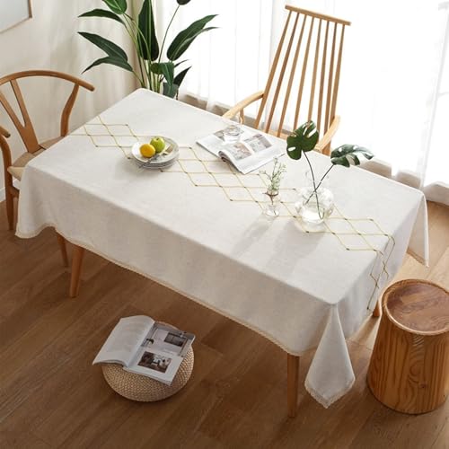 Abwaschbar Tischdecke 120x160 cm, Beige Tischtuch Leinenoptik Lotuseffekt Rechteckig Bestickt Tischwäsche mit Spitze für Outdoor Draußen Gartentisch Party Geburtstag Hochzeit Weihnachten Garten von Whoiy
