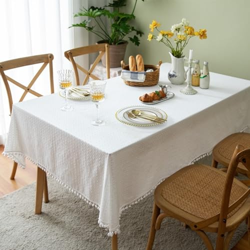 Tischdecken Weiß 140x180 cm Baumwolle, Tischtuch Lotuseffekt Rechteckig Jacquard Einfarbig Tischwäsche Abwaschbar mit Pompon-Quasten für Wohnzimmer, Esszimmer, Balkon, Garten von Whoiy
