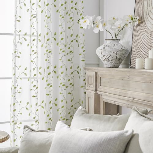 Whoiy Scheibengardine Küche Modern, Bistrogardinen Durchsichtig Küchenvorhang Grün Polyester Kurzgardine Zweige Blattstickerei 2 Teilig 137x132cm von Whoiy