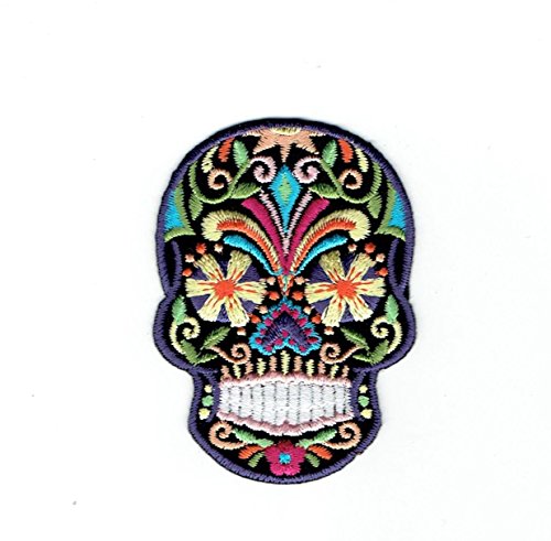 Black Sugar Skull – blau/gelbe Blumenaugen – Day of the Dead – Dia de Los Muertos – bestickter Aufnäher zum Aufbügeln von Wholesale Applique