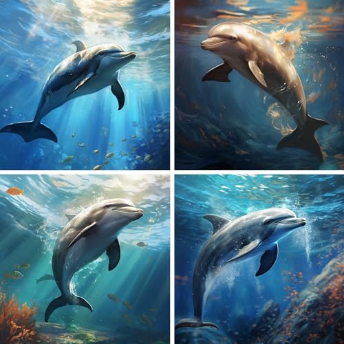 Diamond Painting Delfin, 10x10cm/4x4inch 4 Pack DIY 5D Diamand Painting Erwachsene, Diamond Painting Set Tier Diamant Painting Bilder Kinder Diamant Malerei, für Zimmer Deko, Mädchen Geschenke Ws12199 von Whoonng