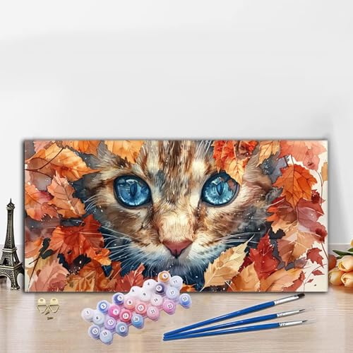 Malen Nach Zahlen Ahornblatt, Malen Nach Zahlen Erwachsene Katze Paint by Numbers Handgemalt Ölgemälde Kit für Anfänger mit Pinseln und Acrylfarben, Deko Wohnzimmer,Geschenke für Frauen 30x60CM G8-843 von Whoonng