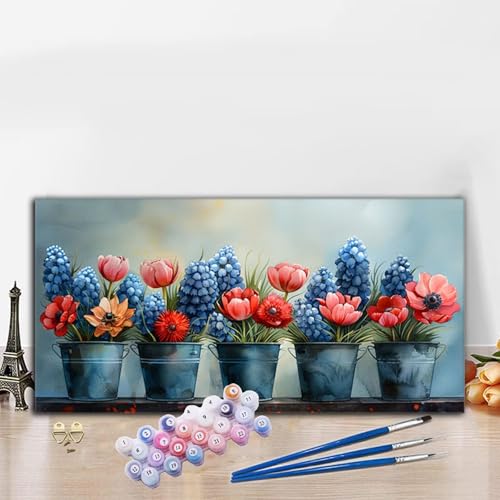 Malen Nach Zahlen Blumentopf, Malen Nach Zahlen Erwachsene Blau Paint by Numbers Handgemalt Ölgemälde Kit für Anfänger mit Pinseln und Acrylfarben, Deko Wohnzimmer,Geschenke für Frauen 40x90 cm G8-845 von Whoonng