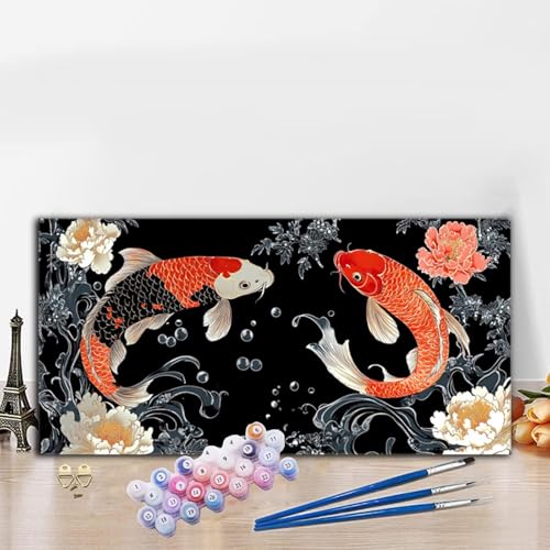 Malen Nach Zahlen Chinesischer Stil, Malen Nach Zahlen Erwachsene Fisch Paint by Numbers Handgemalt Ölgemälde Kit für Anfänger mit Pinseln und Acrylfarben, Deko Wohnzimmer, Geschenke 40x90 cm G8-563 von Whoonng