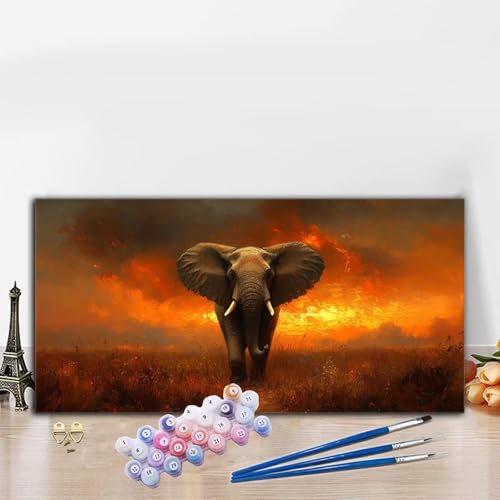 Malen Nach Zahlen Elefant, Malen Nach Zahlen Erwachsene Landschaft Paint by Numbers Handgemalt Ölgemälde Kit für Anfänger mit Pinseln und Acrylfarben, Deko Wohnzimmer, Frauen Geschenke 60x120CM G8-663 von Whoonng