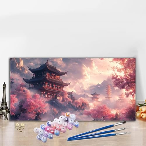 Malen Nach Zahlen Erwachsene Chinesischer Stil Malen Nach Zahlen XXL 40x70cm Paint by Numbers Architektur Bild DIY Set Erwachsene Basteln, Adults Kreativ Set für Deko Schlafzimmer, Herbstdeko G8-994 von Whoonng