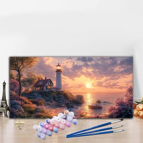 Malen Nach Zahlen Erwachsene Leuchtturm Malen Nach Zahlen XXL 100x200 cm Paint by Numbers Meer Bild DIY Set Erwachsene Basteln, Adults Kreativ Set für Zimmer Deko, Herbstdeko, Weihnachtsdeko G8-986 von Whoonng