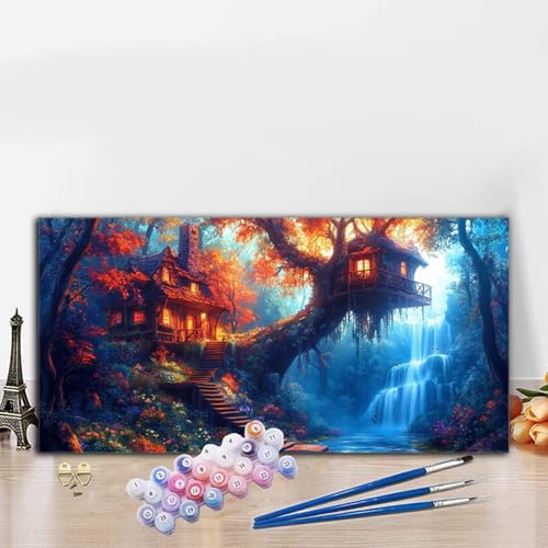 Malen Nach Zahlen Erwachsene Natur Malen Nach Zahlen XXL 40x70 cm Paint by Numbers Baumhaus Bild DIY Set Erwachsene Basteln, Adults Kreativ Set für Zimmer Deko, Herbstdeko, Weihnachtsdeko G8-860 von Whoonng