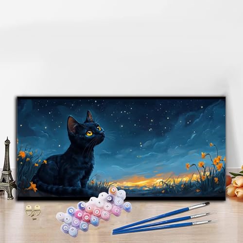 Malen Nach Zahlen Katze, Malen Nach Zahlen Erwachsene Sternenhimmel Paint by Numbers Handgemalt Ölgemälde Kit für Anfänger mit Pinseln und Acrylfarben, Halloween Wand Deko Wohnzimmer 50x100cm G8-979 von Whoonng