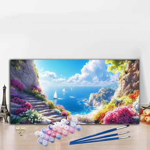 Malen Nach Zahlen Küsten, Malen Nach Zahlen Erwachsene Treppe Paint by Numbers Handgemalt Ölgemälde Kit für Anfänger mit Pinseln und Acrylfarben, Deko Wohnzimmer, Geschenke für Frauen 40x90CM G8-993 von Whoonng