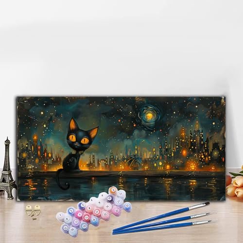Malen Nach Zahlen Schwarz, Malen Nach Zahlen Erwachsene Katze Paint by Numbers Handgemalt Ölgemälde Kit für Anfänger mit Pinseln und Acrylfarben, Deko Wohnzimmer, Geschenke für Frauen 60x120CM G8-579 von Whoonng