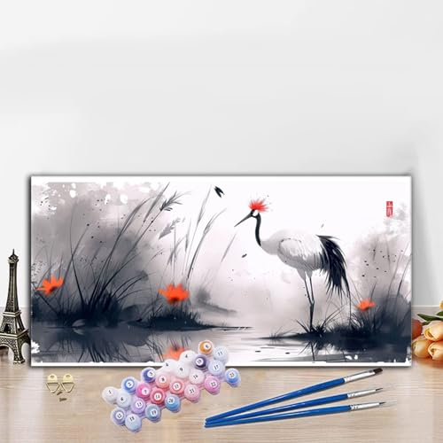 Malen Nach Zahlen Schwarz, Malen Nach Zahlen Erwachsene Kran Paint by Numbers Handgemalt Ölgemälde Kit für Anfänger mit Pinseln und Acrylfarben, Deko Wohnzimmer, Geschenke für Frauen 70x140 cm G8-833 von Whoonng