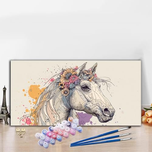 Malen Nach Zahlen Weiß, Malen Nach Zahlen Erwachsene Pferde Paint by Numbers Handgemalt Ölgemälde Kit für Anfänger mit Pinseln und Acrylfarben, Deko Wohnzimmer, Geschenke für Frauen 70x140cm G8-529 von Whoonng