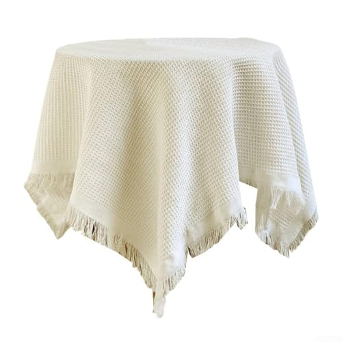 Dekorative runde Tischdecke mit eleganten Quasten, aus weicher Leinen-Baumwolle, für Zuhause und draußen (cremefarben) von Whychstore
