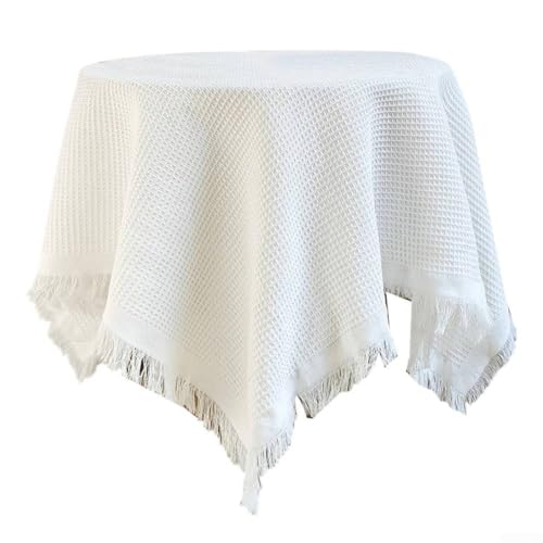 Schicke runde Tischdecke aus Leinen-Baumwolle mit eleganten Quasten, passend für 80 - 120 cm große Tische für jede Veranstaltung (Weiß) von Whychstore