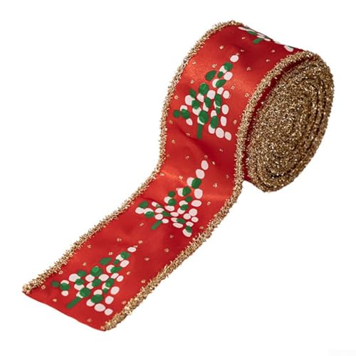 Weihnachtsbaum-Dekoband, Drahtverstärkt, Feiertagsbänder, mit bedruckten Schalottenmustern, für Kränze, Blumenmuster, Verpackung (rot) von Whychstore