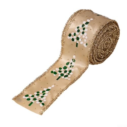 Weihnachtsbaum-Dekoband, Drahtverstärkt, Feiertagsbänder mit bedruckten Schalottenmustern, für Kränze, Blumenmuster, Verpackung (Khaki) von Whychstore