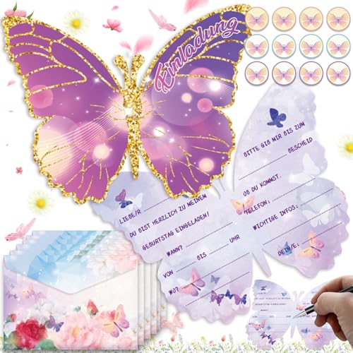 WiDream 12 Stück Einladungskarten Kindergeburtstag, Personalisierte 3D Schmetterling Einladungskarten mit Umschlägen und Aufklebern, für Kinder und Mädchengeburtstage, Hochzeitsfeiern von WiDream