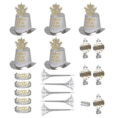"SILVER HAPPY NEW YEAR PARTY KIT" for 10 persons (5 top hats, 5 crowns, 5 sounding trumpets, 5 sounding blow-outs, 1 roll of 10 decorative streamers) - von WIDMANN
