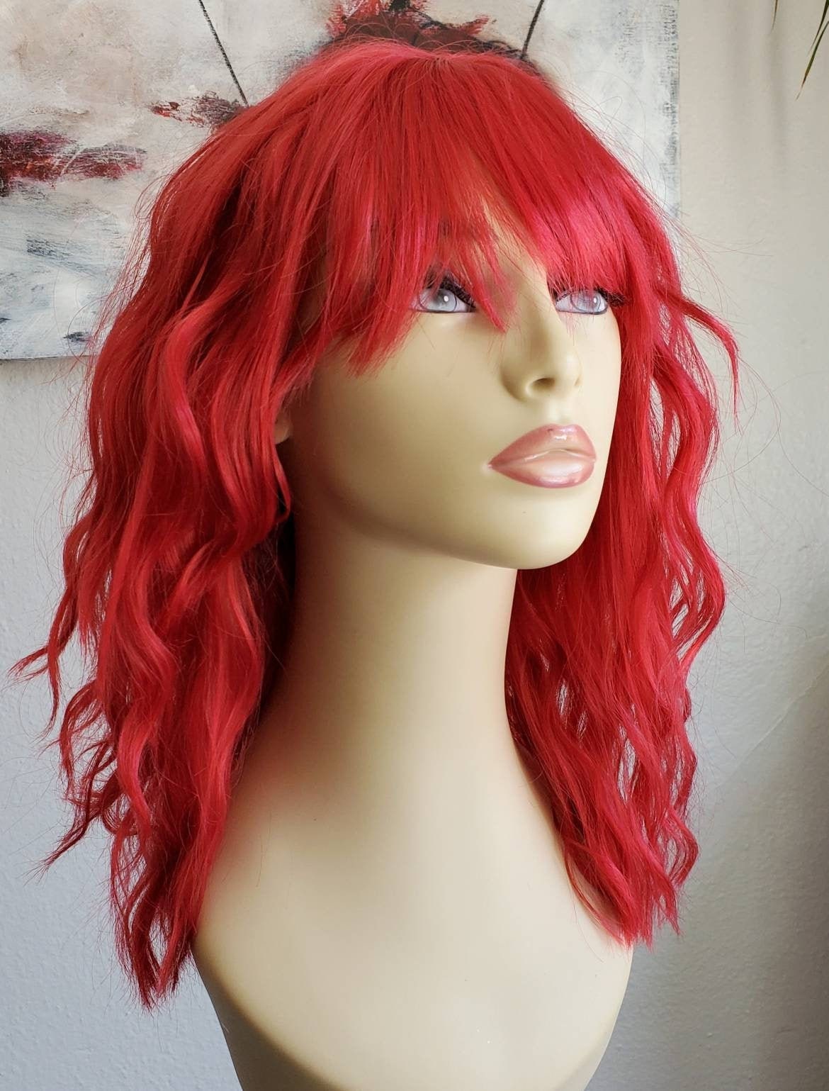 Rote Schulterlange Multi-Strukturierte Perücke, Roter Strukturiertes Lob Mit Pony, Mittellanger Shag Rote Gewellte Strandwellen Rote Schulterlange Multi-Strukturierte Perücke, Roter Strukturiertes Lob Mit Pony, Mittellanger Shag Rote Gewellte Strandwellen von WigCraving