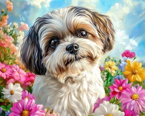 Wihgkin Kreuzstich Stickpackungen Blumen-Shih-Tzu 11CT Erwachsene Sticken Set,DIY Stickbilder Vorgedruckt Kreuzstich für Anfänger Home Decor （40x50cm ） von Wihgkin
