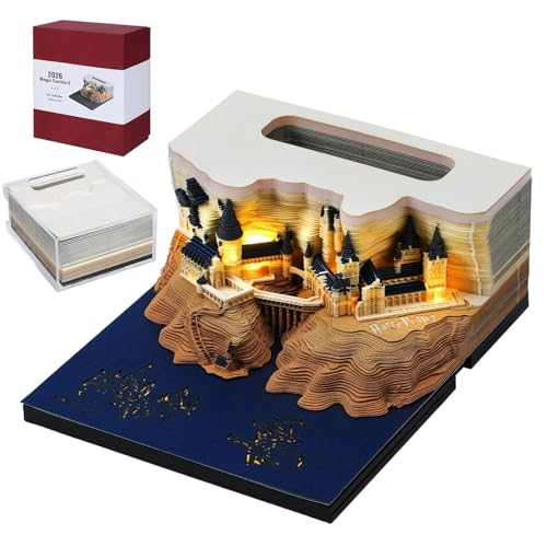 Wikay 2026 Schreibtisch Kalender 3D Notizblock mit Licht, 3D Zauberschloss Wochenkalender 2026 DIY Notizen Papierskulptur 3D Zeitstück Kalender Geschenk für Weihnachten Neujahr Büro/Schule Dekoration von Wikay