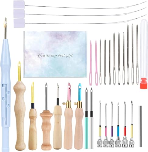 30 Stück Stickerei Starter Kit Punch Needle Kit Einstellbare Stanznadel Werkzeug Holzgriff Stickstift Stanznadel Tuch Stanznadel Set für Stickgarn Kreuzstich Anfänger von ImxPW